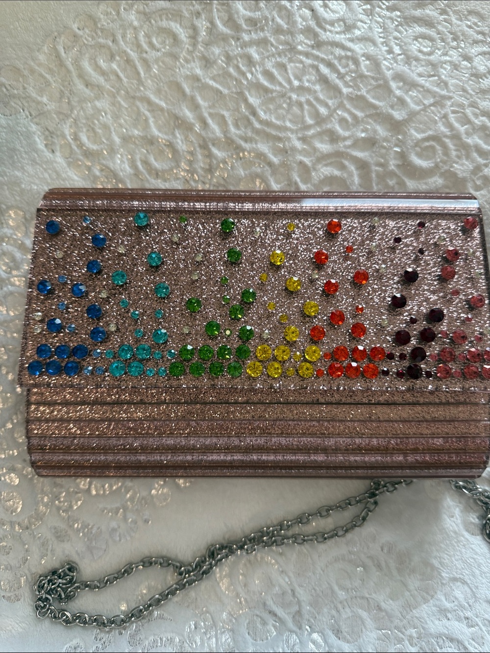 Kurt Geiger Pink Glitter Clutch with Rainbow Crystal Embellishments, New
